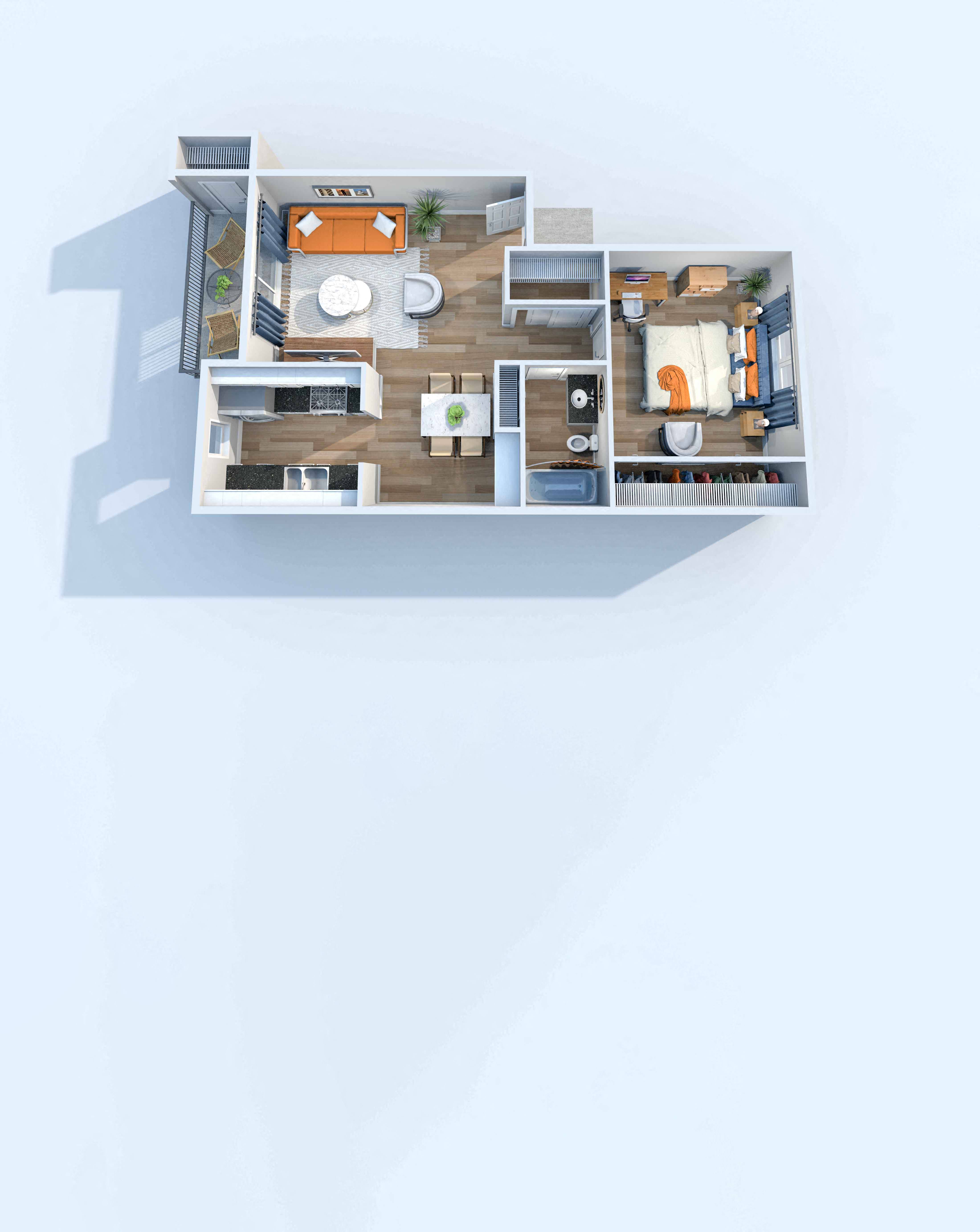 Floor plan for 1 bed, 1 bath, 619 sqft